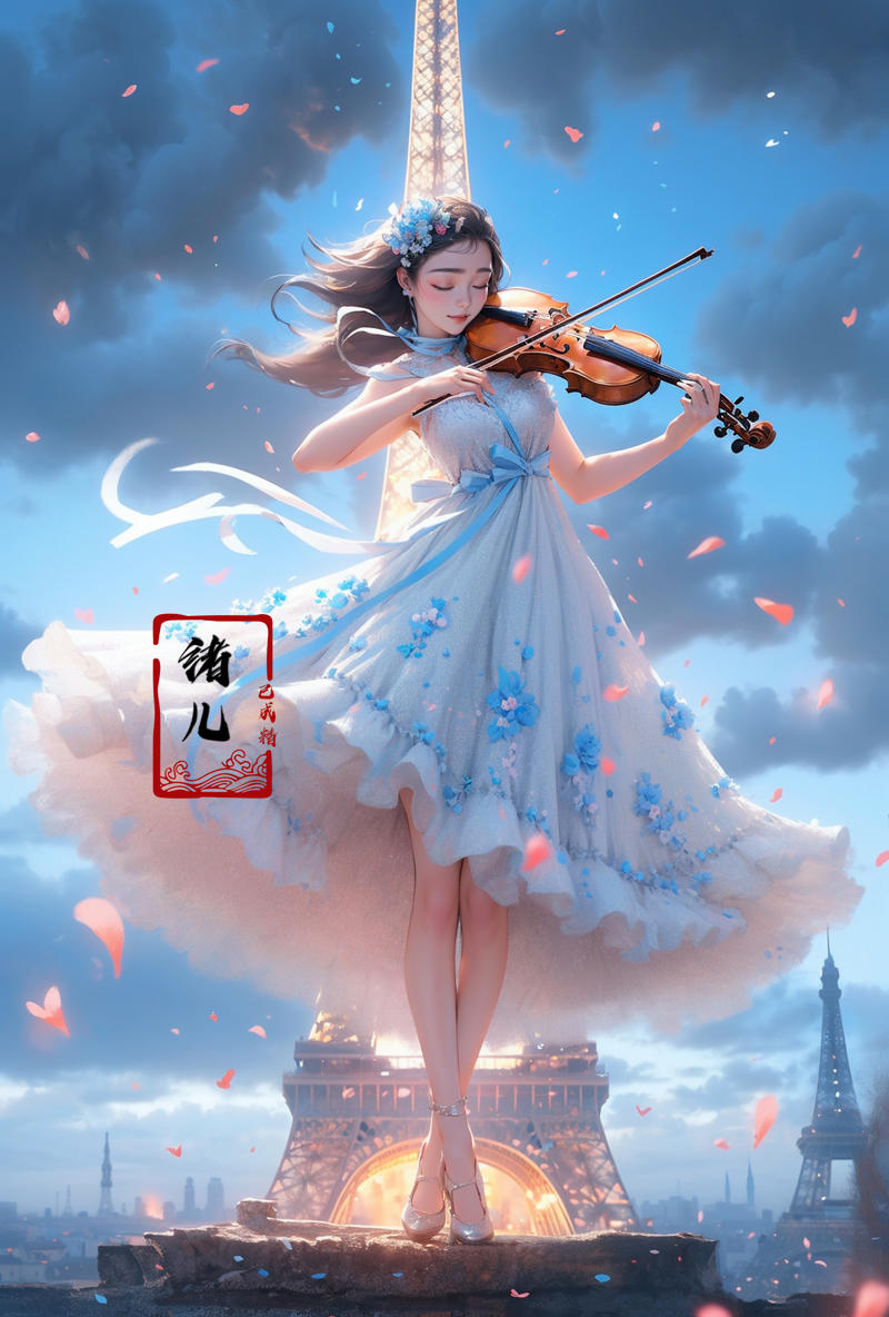 606247209521969501-3914909250-(A girl in a dress is in the air_1.3), playing a violin, Eiffel Tower background，(wide shot, wide-angle lens,Panoramic_1.2),supe.jpg